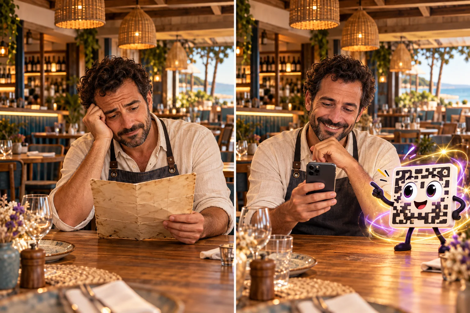 Illustration fictive : le même restaurateur et le même restaurant, avec une carte papier vieillissante puis un personnage QR électrique dynamique et un téléphone.