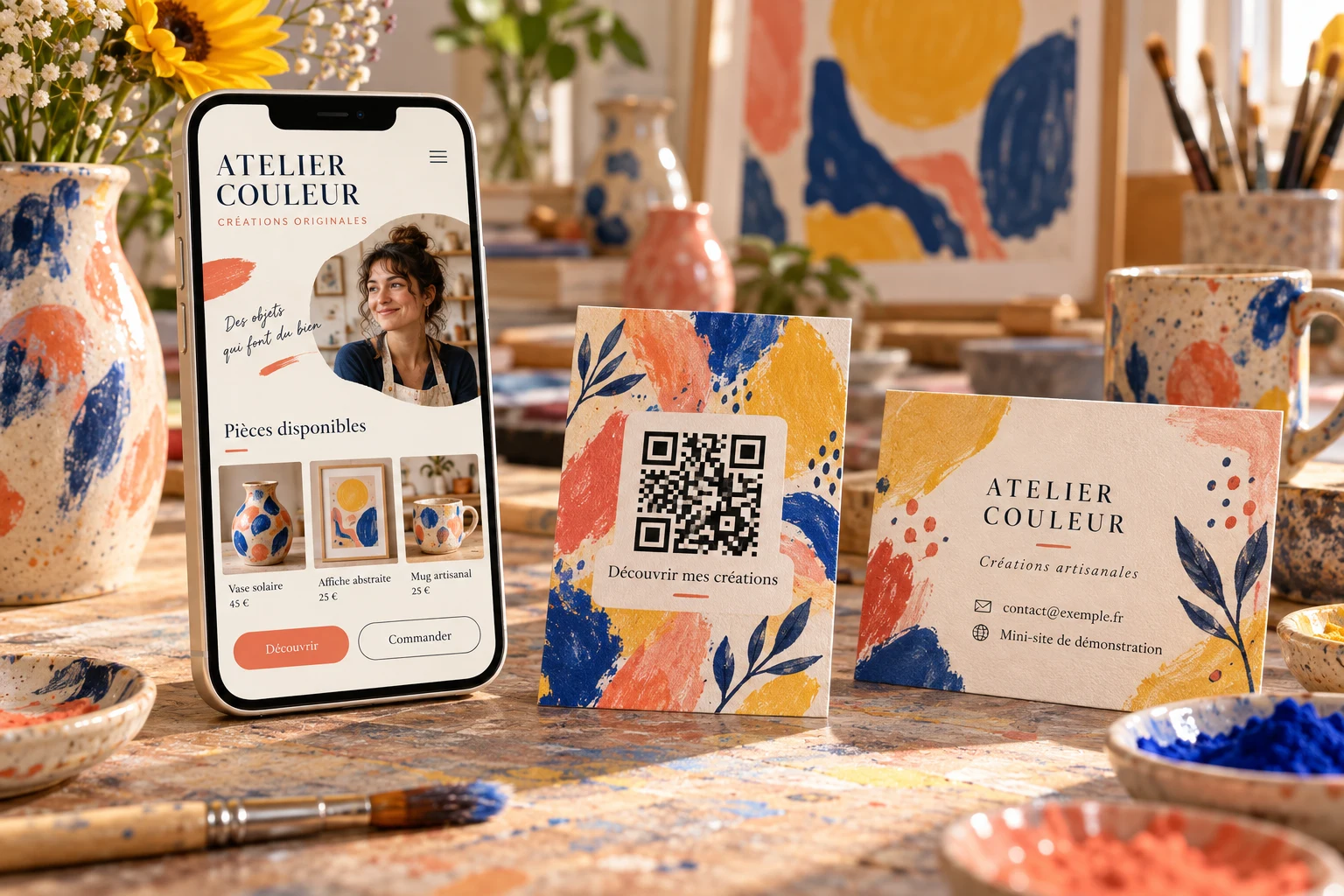 Aperçu : mini-site d’artiste coloré présentant des créations physiques, avec sa carte QR recto verso