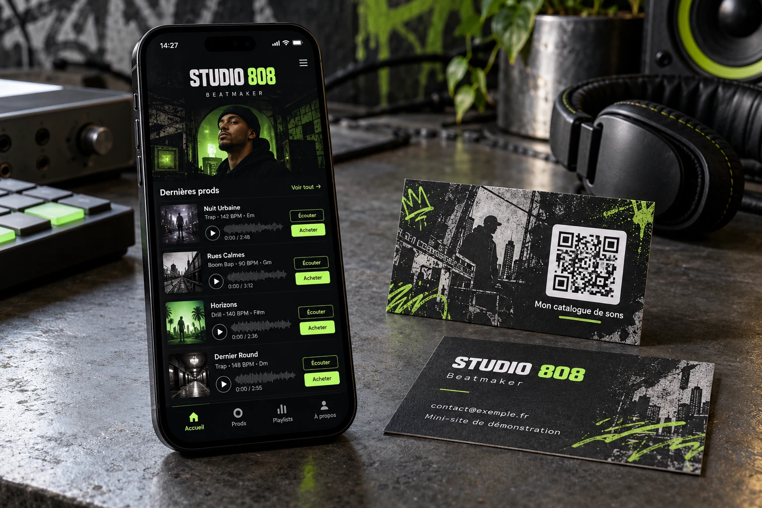 Aperçu : mini-site de beatmaker au style street sur smartphone et carte QR personnalisée