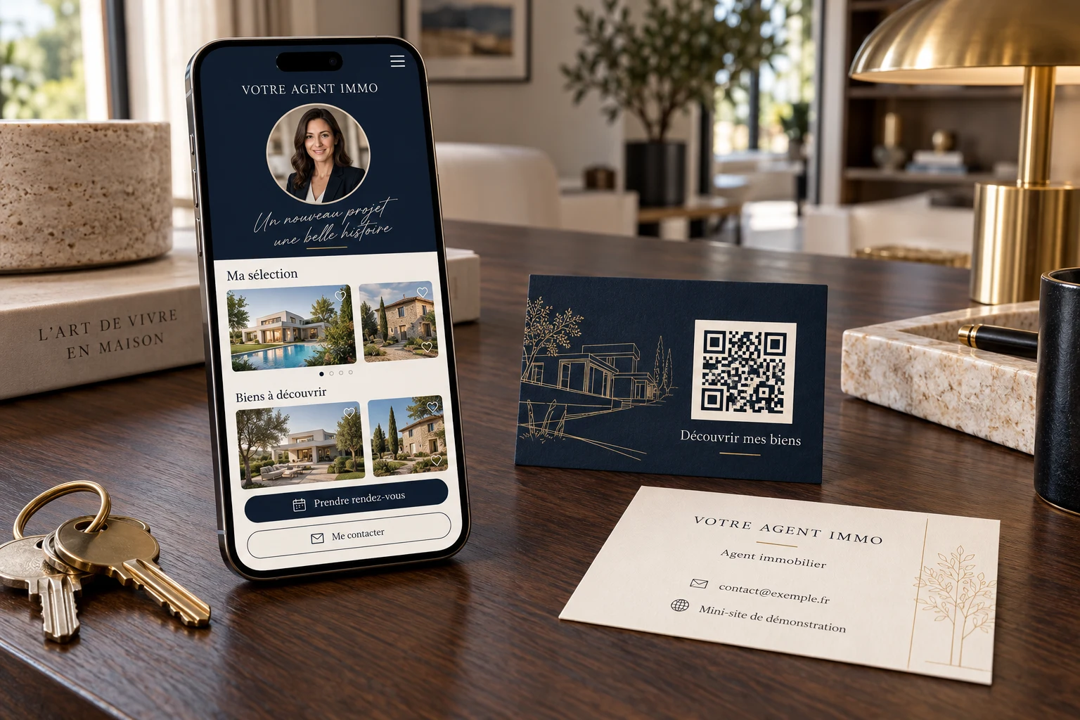 Aperçu : mini-site d’agent immobilier élégant sur smartphone et carte de visite QR assortie